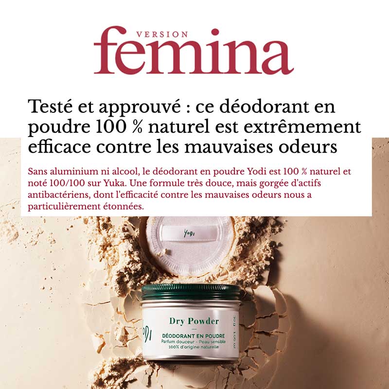 Article Femina Dry Powder Déodorant Peaux Sensibles et Epilées Naturelle marque yodi